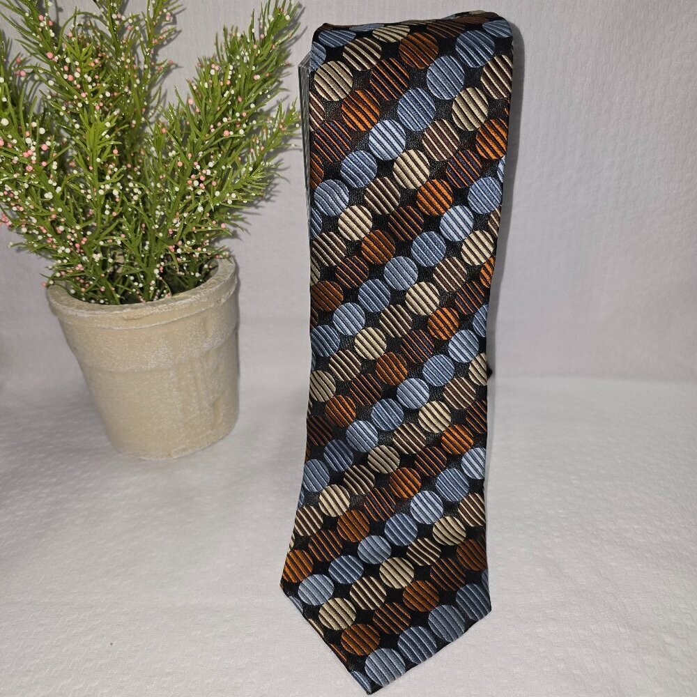 GIORGIO BRUTINI 100% SILK TIE BROWN BRONZE CREAM AND BLUE POLKA DOT EUC